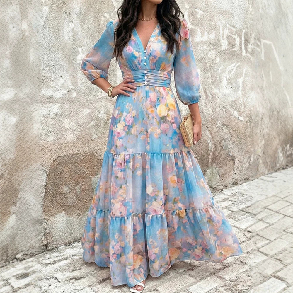 Maniche 3/4 con volant su abito da donna, look femminile e versatile per primavera.