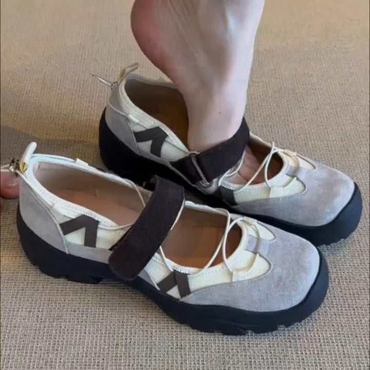 Scarpe donna Mary Jane con chiusura a strappo regolabile e suola spessa, ideali per comfort e stile casual.