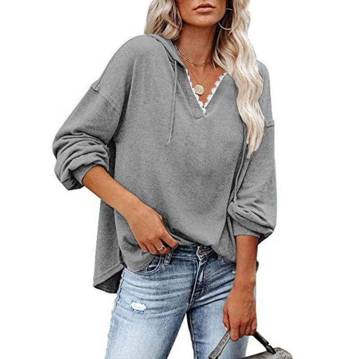 Maglione casual donna, con cappuccio, pizzo sullo scollo a V e maniche lunghe, molto comodo.