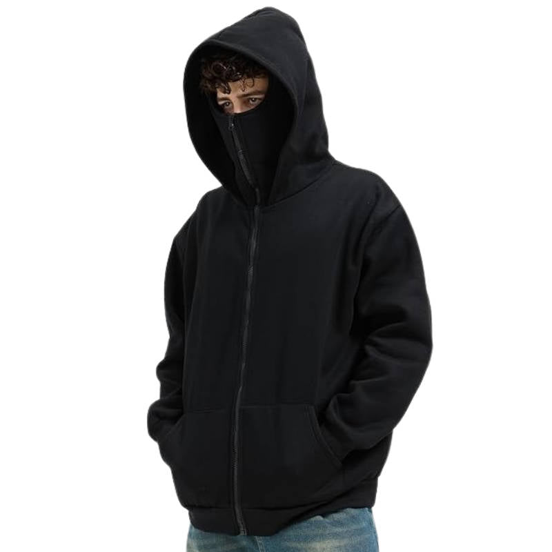 Felpa balaclava unisex con cappuccio e zip, copriviso integrato per inverno. Sportiva e confortevole.