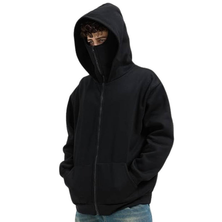 Felpa balaclava unisex con cappuccio e zip, copriviso integrato per inverno. Sportiva e confortevole.