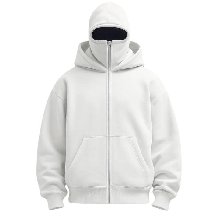 Felpa unisex con cappuccio balaclava, zip frontale e copriviso integrato. Stile sportivo invernale e comfort.
