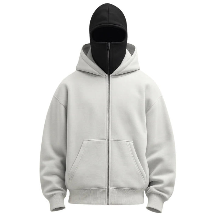 Felpa sportiva invernale unisex con balaclava e zip. Copriviso integrato per protezione, stile e comfort.