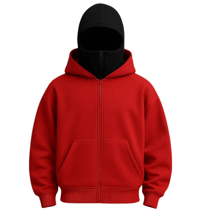 Felpa moderna unisex con cappuccio balaclava e cerniera. Copriviso integrato per inverno, comfort e look sportivo.