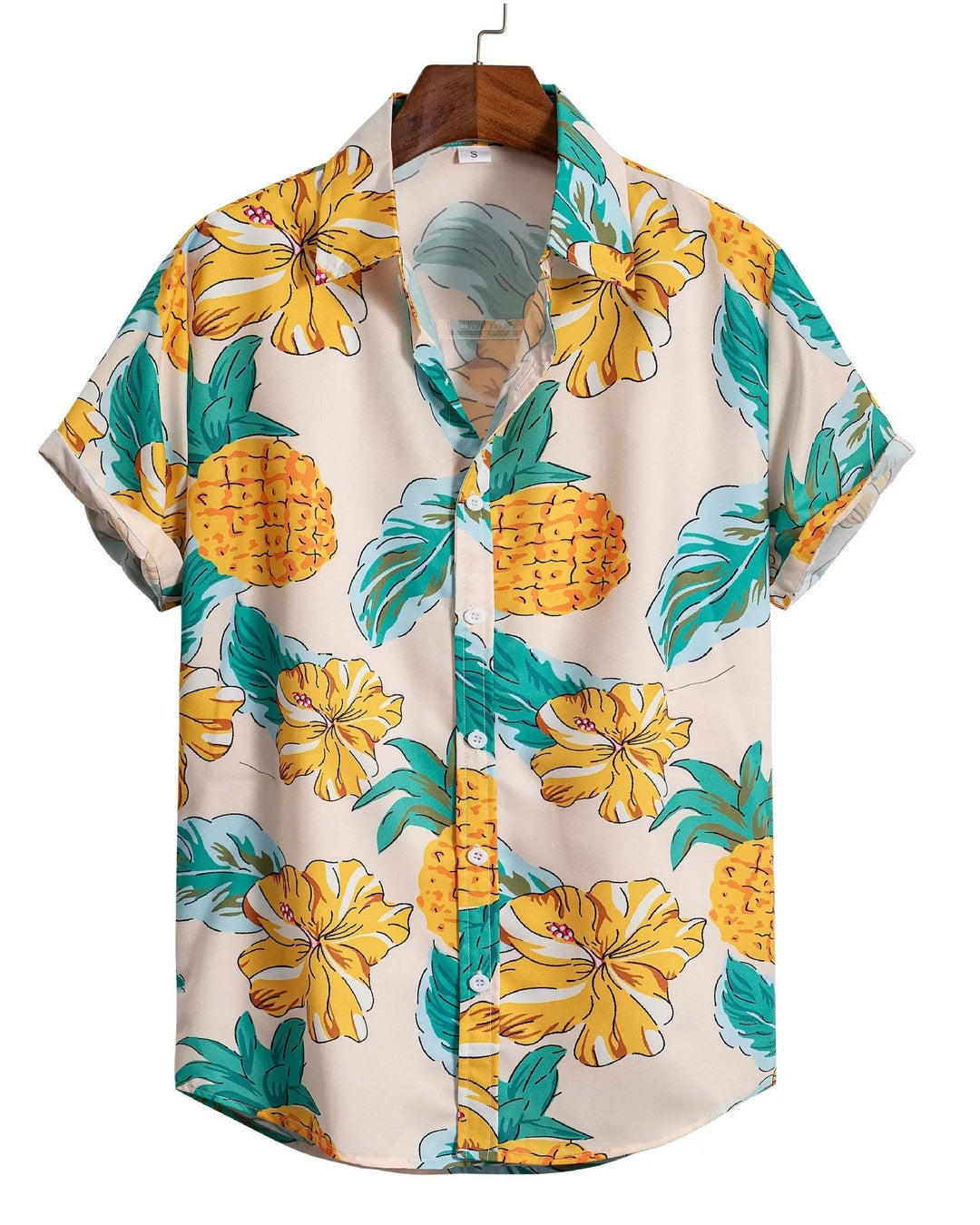 Camicia uomo floreale piegata, pronta per viaggio, tessuto leggero, pratica e comoda per le vacanze.
