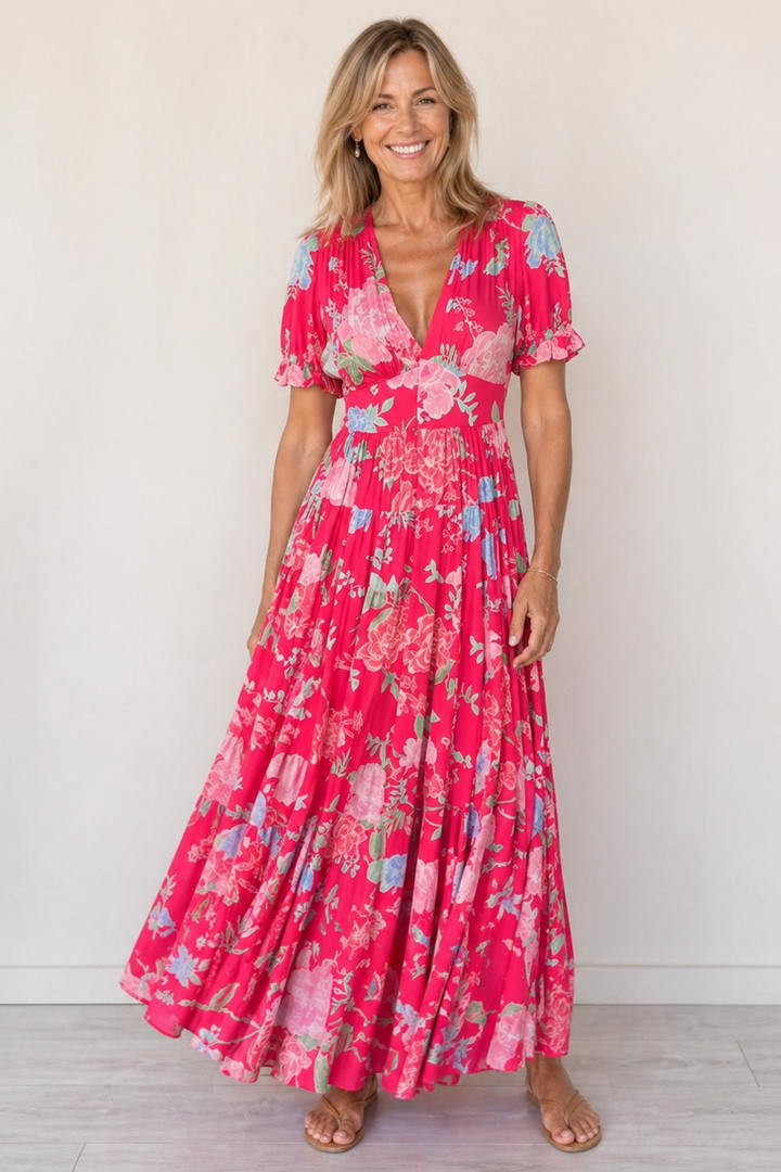 Vestito fluido maxi da donna con scollo a V, perfetto per vacanze e abbigliamento estivo casual.
