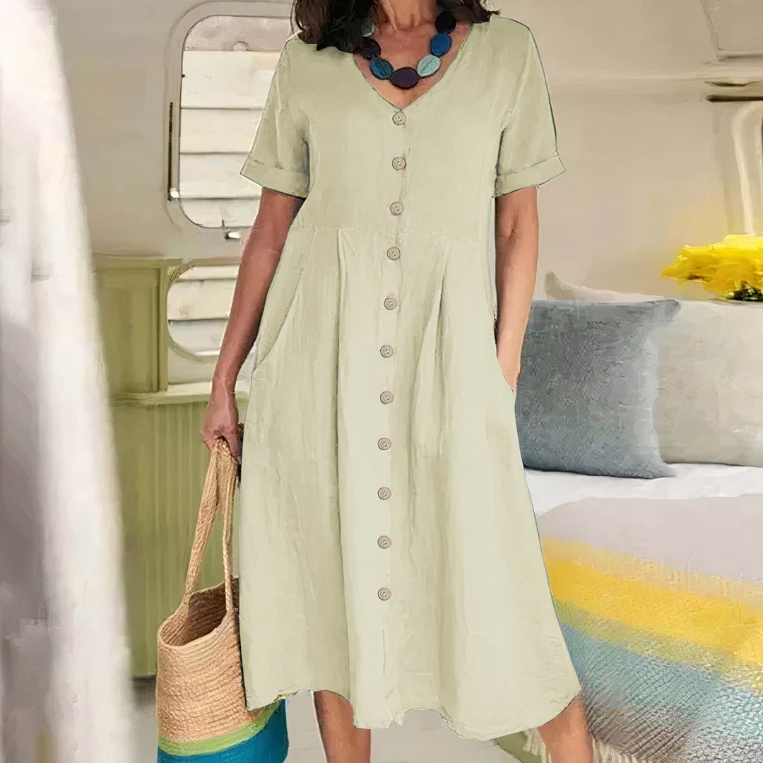 Vestito midi estivo molto comodo e leggero per donna, stile casual e ampio, per il relax.