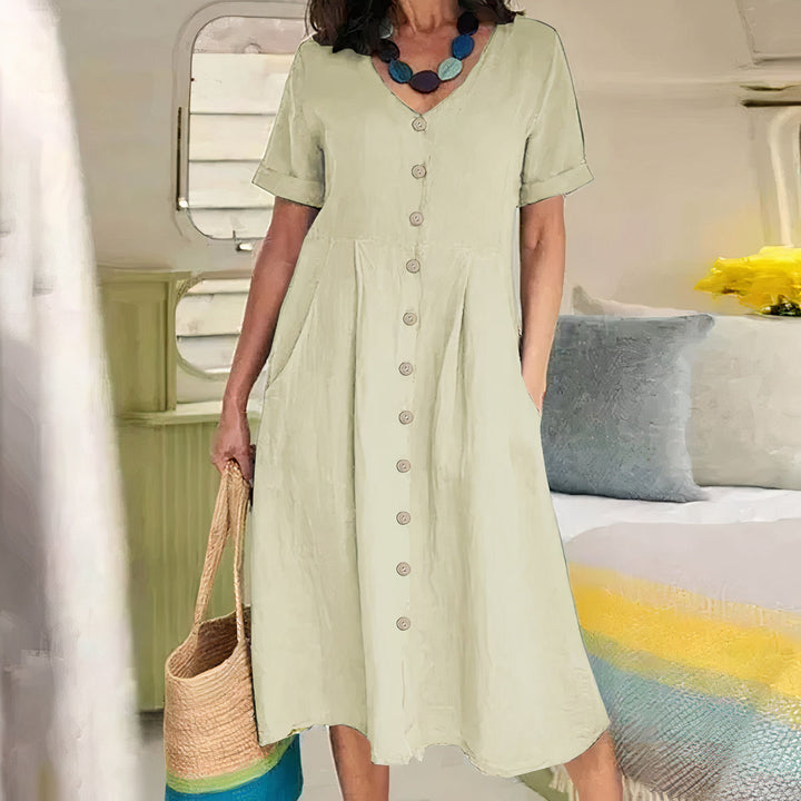 Vestito midi estivo molto comodo e leggero per donna, stile casual e ampio, per il relax.