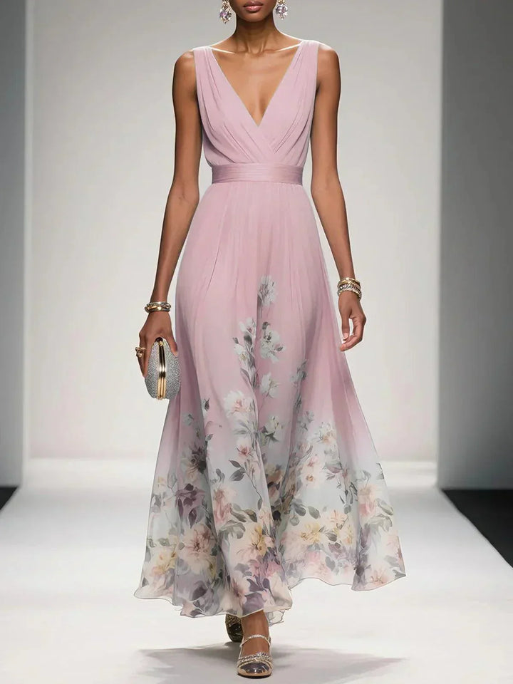 Abito da cerimonia autunnale donna, stampa floreale, scollo a V, elegante e raffinato.