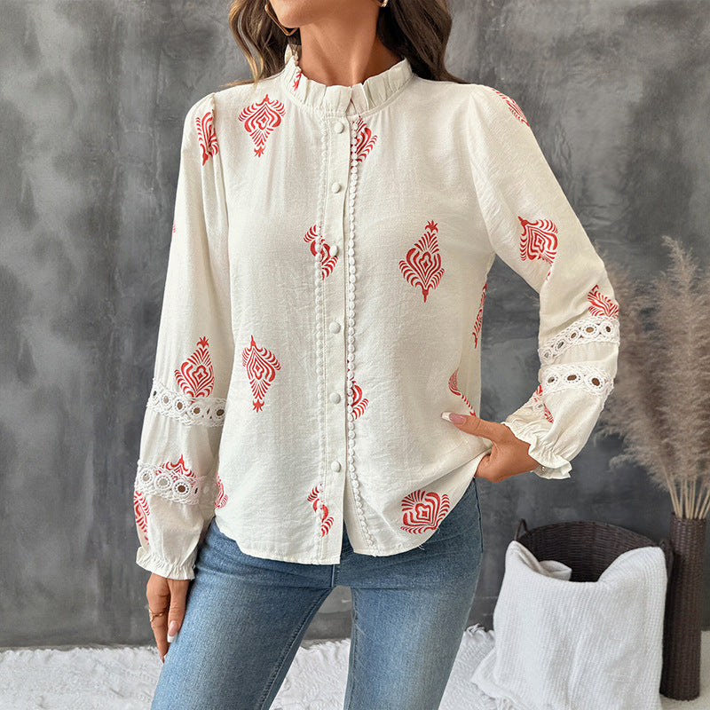 Camicia donna ampia a manica lunga con colletto alto e stampa etnica colorata. Ideale per la primavera estate.