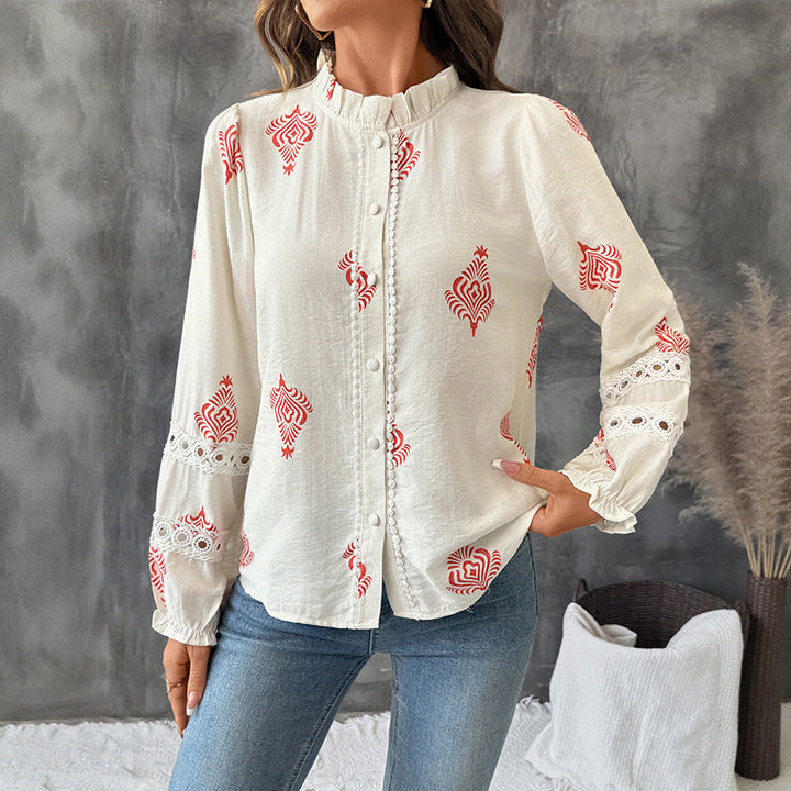 Camicia donna ampia a manica lunga con colletto alto e stampa etnica colorata. Ideale per la primavera estate.