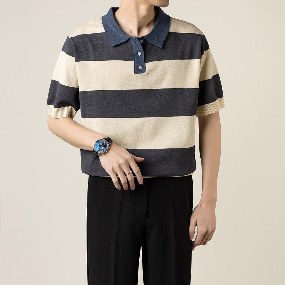 Polo uomo a righe, vestibilità slim. Polo estiva maniche corte per un look casual chic, abbigliamento moda uomo.