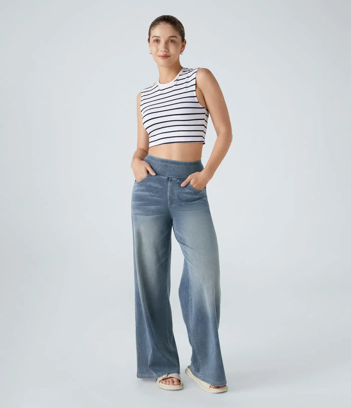 Jeans donna vita alta grigi, con elastico in vita, perfetti per outfit comodo e alla moda.