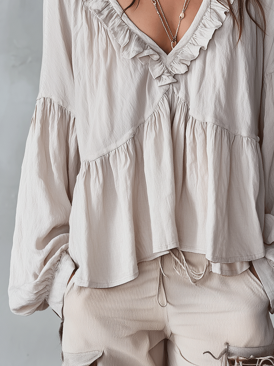 Top donna con volant, stile vintage e bohémien, ideale per moda femminile casual.