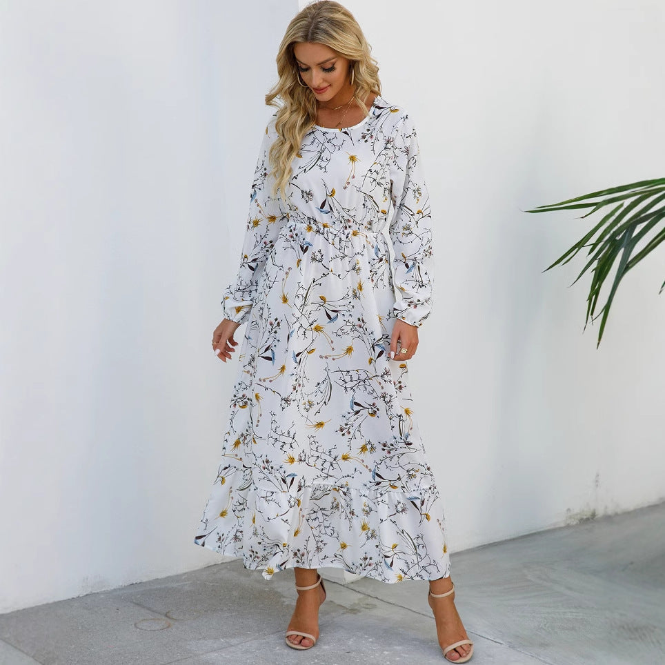 Abito lungo floreale estivo da donna, scollo rotondo, perfetto per un look casual elegante.