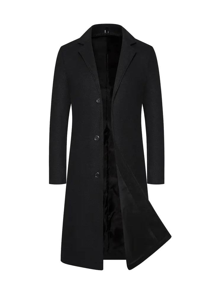 Cappotto uomo monopetto aderente grigio scuro. Perfetto per eleganza invernale e stile casual sofisticato.