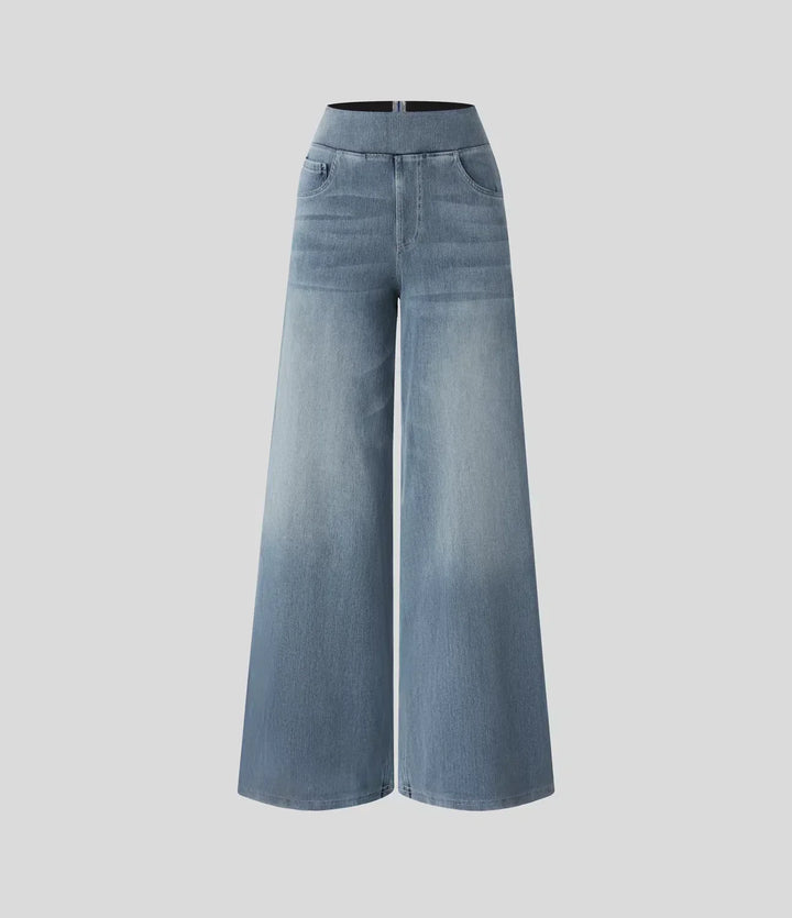 Jeans donna comfort vita alta, blu scuro, con fascia elastica per vestibilità perfetta.