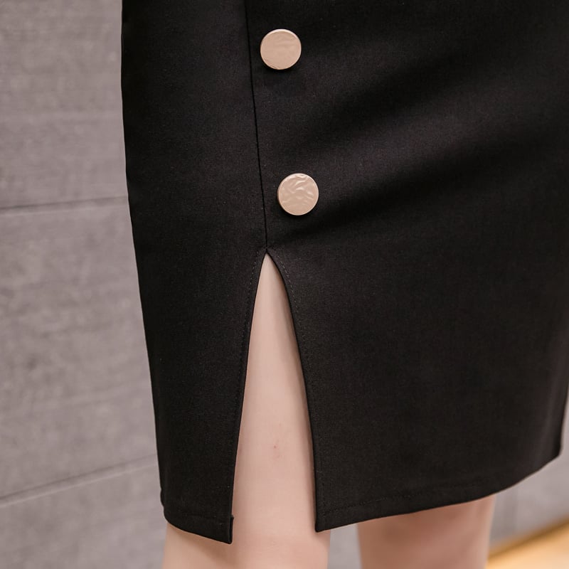 Gonna donna nera A-line con spacco, stile fasciato. Versatile ed elegante, perfetta per l'ufficio.