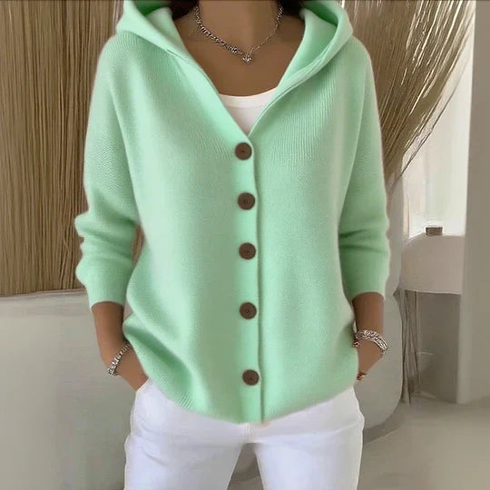 Cardigan da donna con cappuccio per moda autunno/inverno. Stile casual-elegante con bottoni per comfort quotidiano.