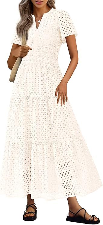 Abito estivo donna, lungo e casual, scollo a V e maniche corte. Perfetto per vacanze al mare.