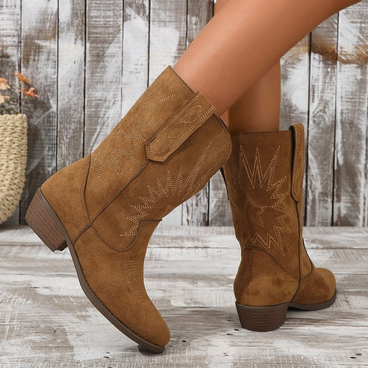 Stivaletti donna marroni in camoscio, stile cowboy western con dettagli audaci e tacco medio per ogni outfit.
