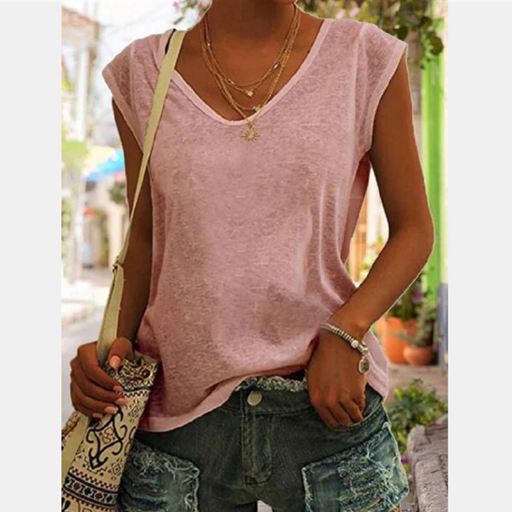 Elegante top donna estivo con scollo a V, morbido e confortevole, ideale per outfit casual e la moda senza maniche.