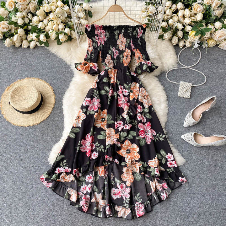 Abito midi estivo da donna che fluttua, con volant, scollo a spalle scoperte, ideale per l'estate.