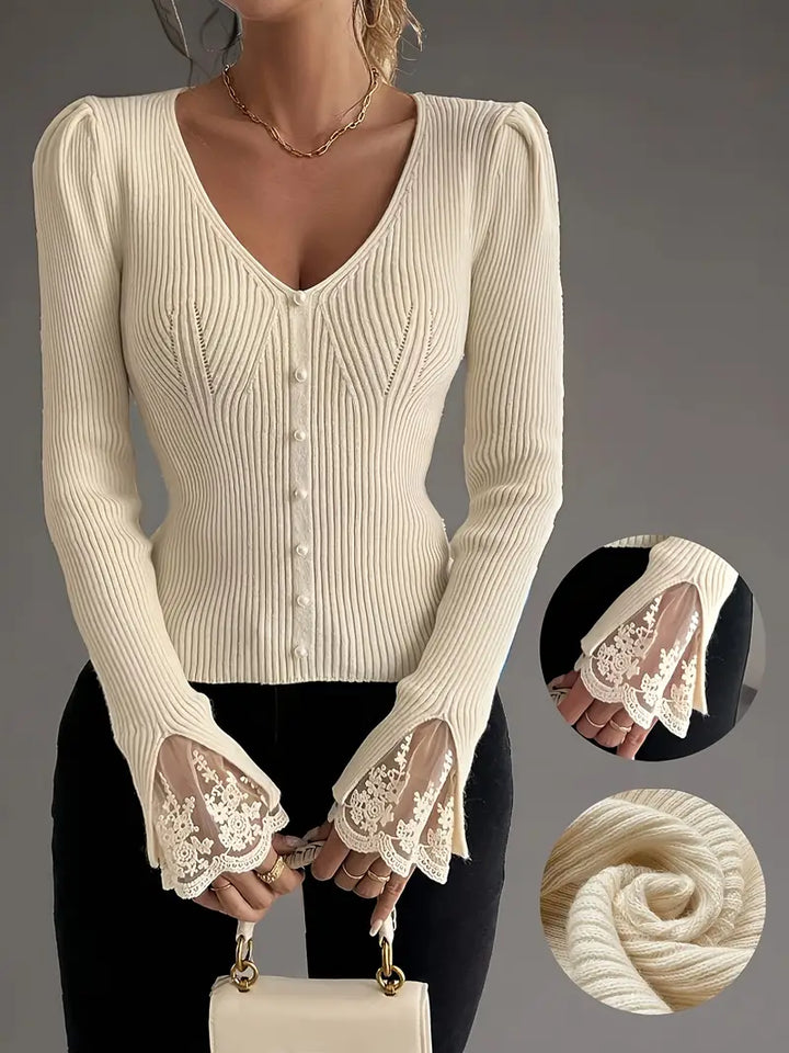 Maglia donna versatile a coste beige, scollo a V. Ideale per abbigliamento casual elegante, moda autunno/inverno.