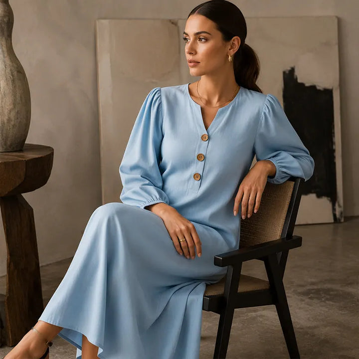 Abito maxi donna in poliestere multicolore, con scollo a V e maniche a sbuffo, vestibilità elegante, perfetto per l'estate.