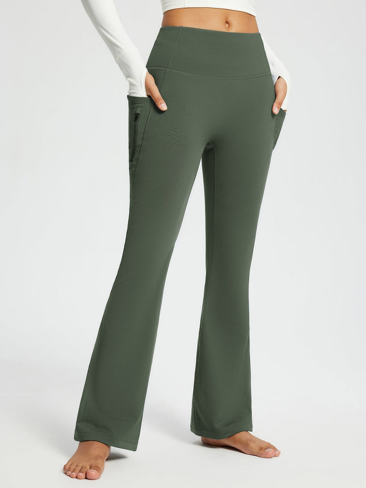 Pantaloni donna termici e svasati, a vita alta, con tasche, per inverno e comfort casual.