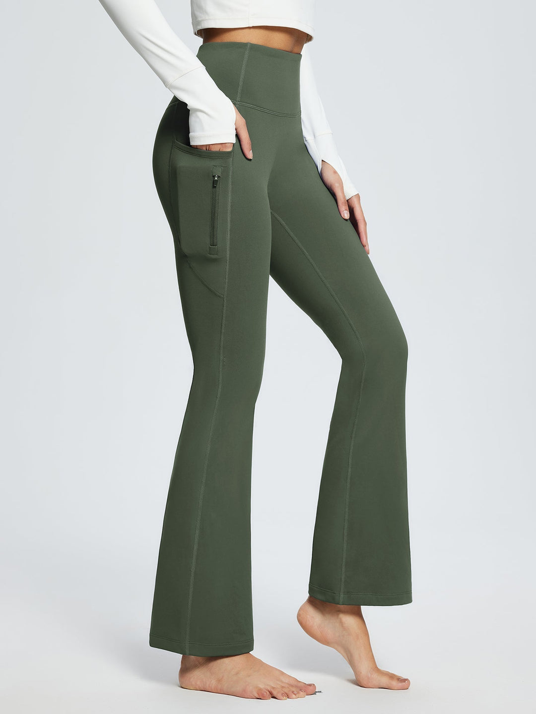 Pantaloni casual donna a vita alta, svasati, termici, con tasche, perfetti per l'inverno.
