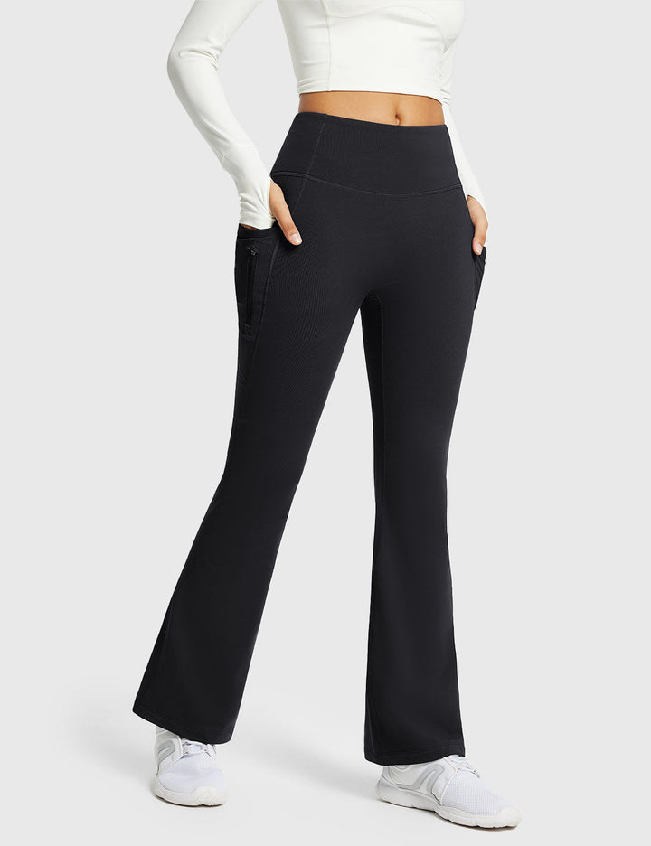Pantaloni sportivi donna termici a vita alta svasati con tasche, perfetti per yoga e comfort.