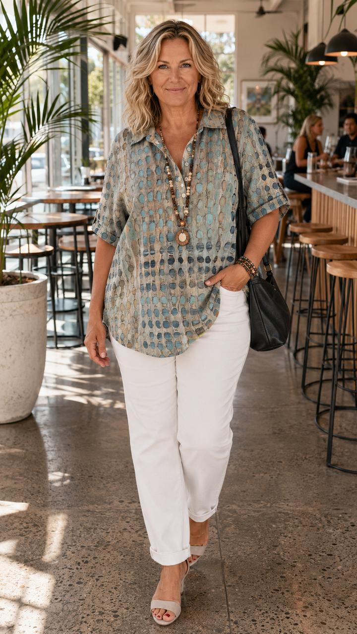Top casual donna traforato con bottoni, vestibilità ampia. Camicetta estiva fresca e alla moda.