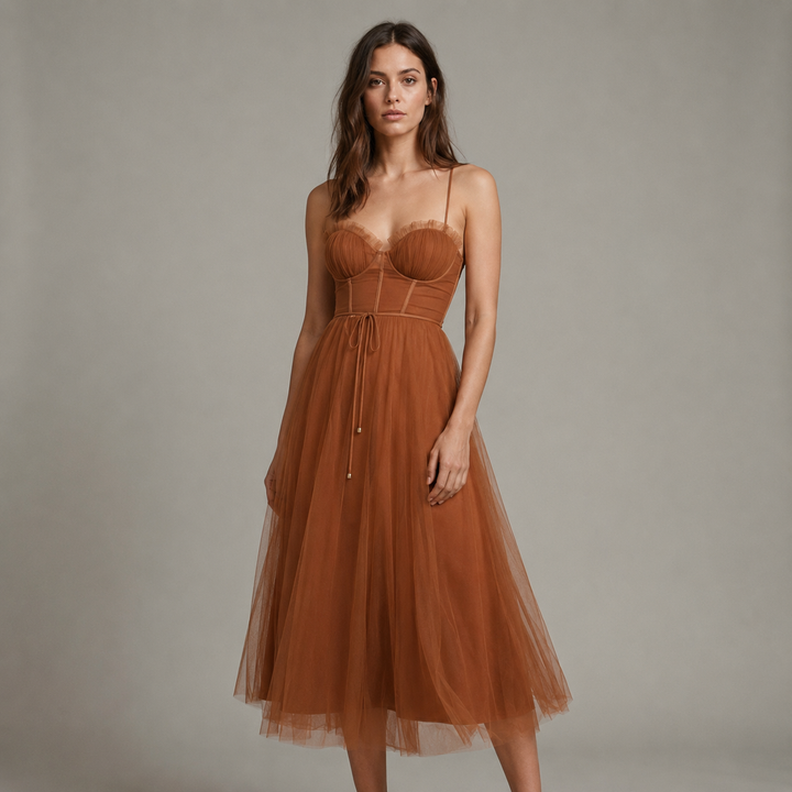 Elegante vestito midi donna, ideale per cerimonie autunnali, feste e serate speciali. Abito da sera.