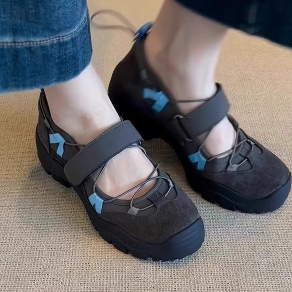 Scarpe basse donna Mary Jane casual, comode e moderne, con chiusura a strappo e robusta suola spessa.