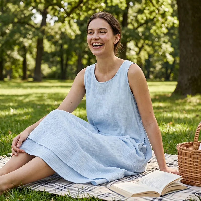 Donna indossa abito midi smanicato con fondo a balza, stile casual chic ideale per l'estate.