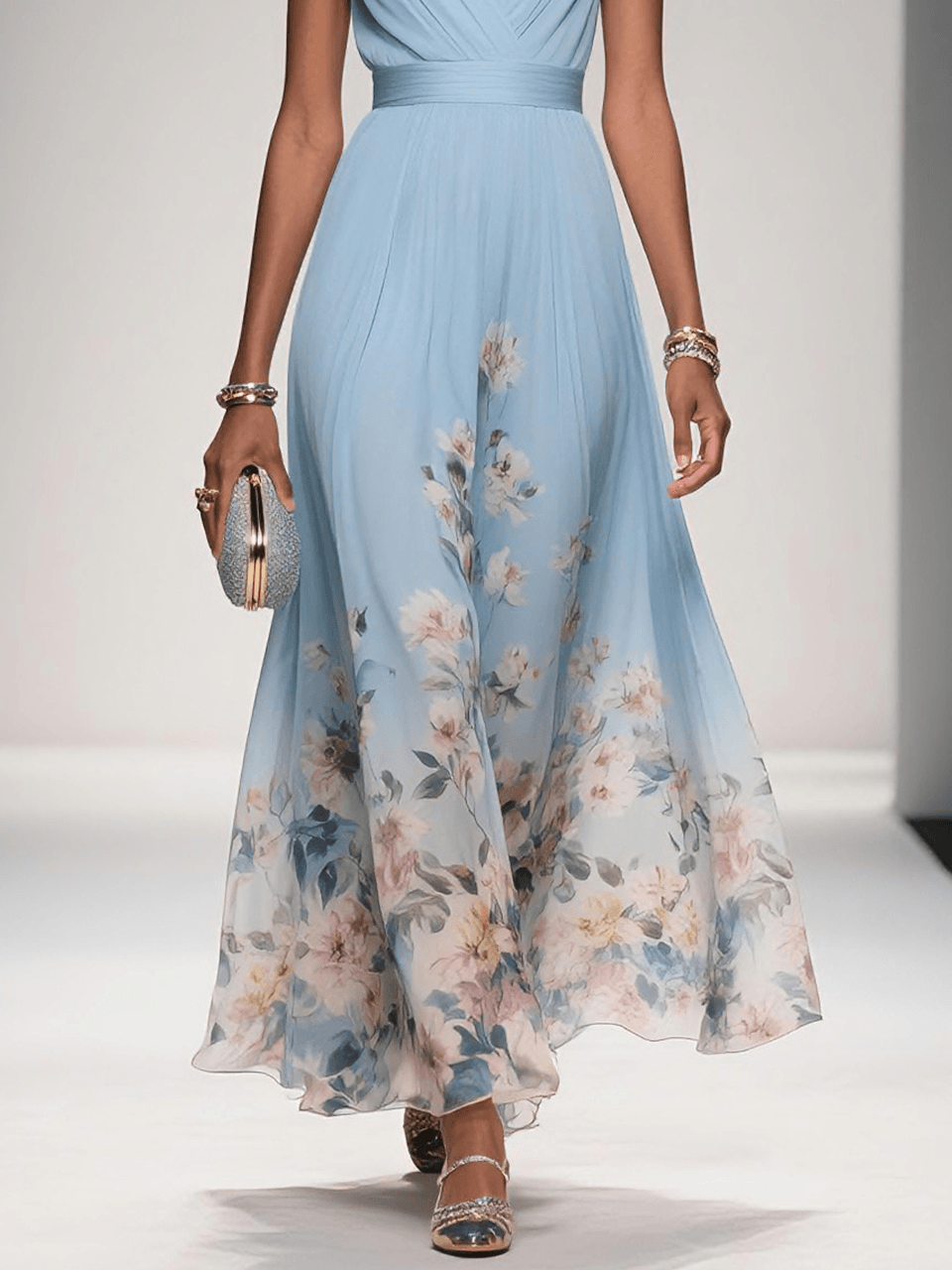 Magnifico abito lungo floreale donna scollo V, elegante per matrimoni e feste autunnali.