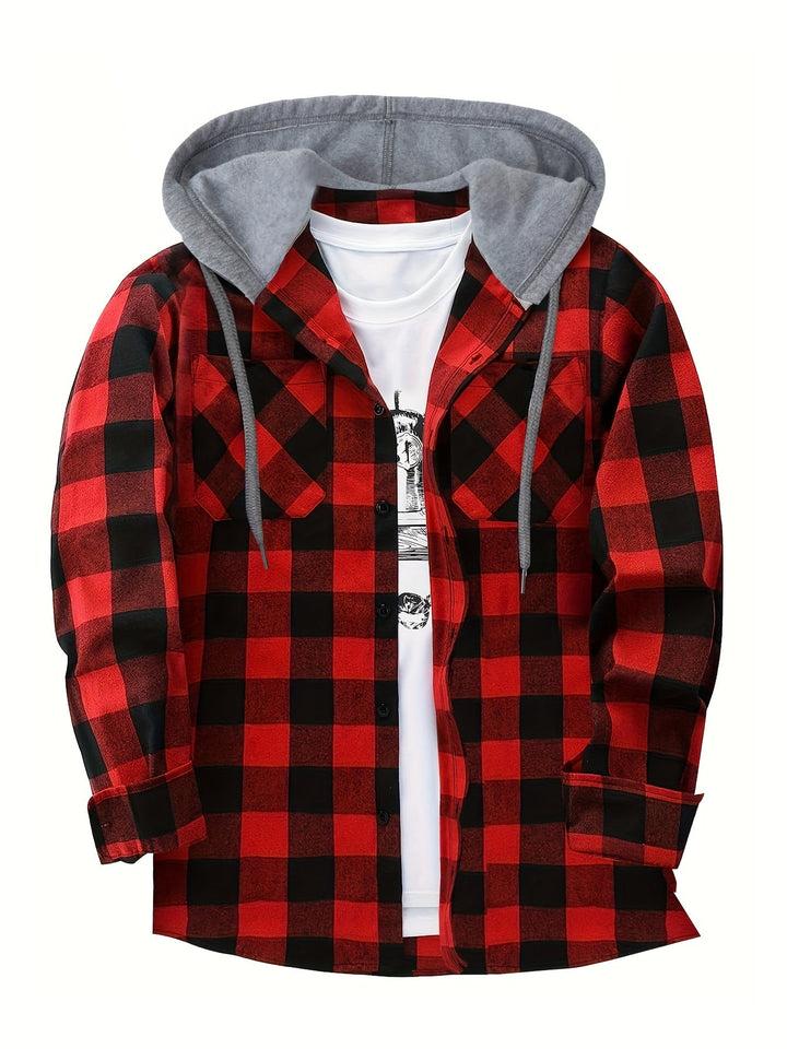 Camicia giacca calda per uomo con motivo a quadri e cappuccio staccabile.