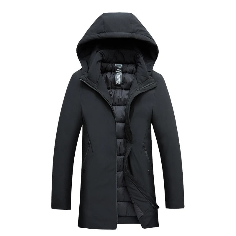 Parka uomo caldo con cappuccio, ideale per l'inverno. Impermeabile e antivento, offre comfort e stile maschile.