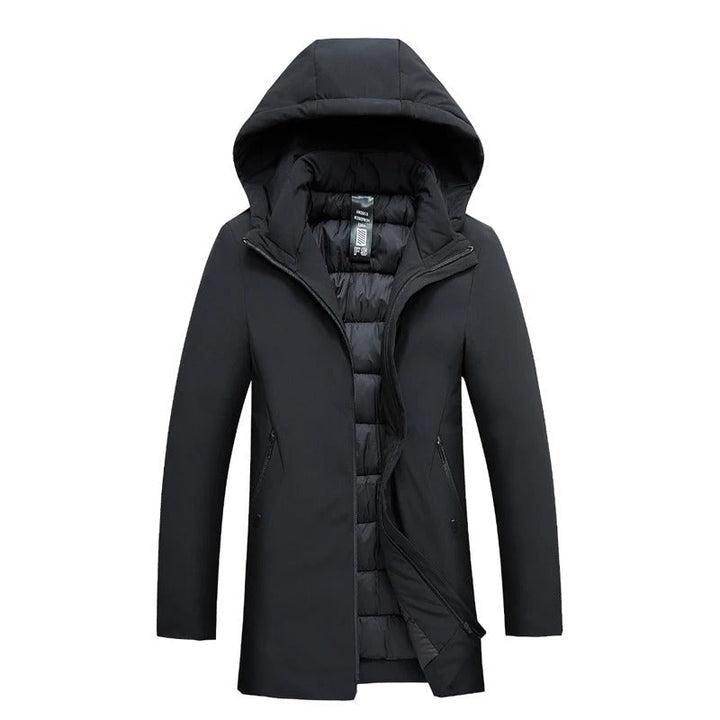 Parka uomo caldo con cappuccio, ideale per l'inverno. Impermeabile e antivento, offre comfort e stile maschile.