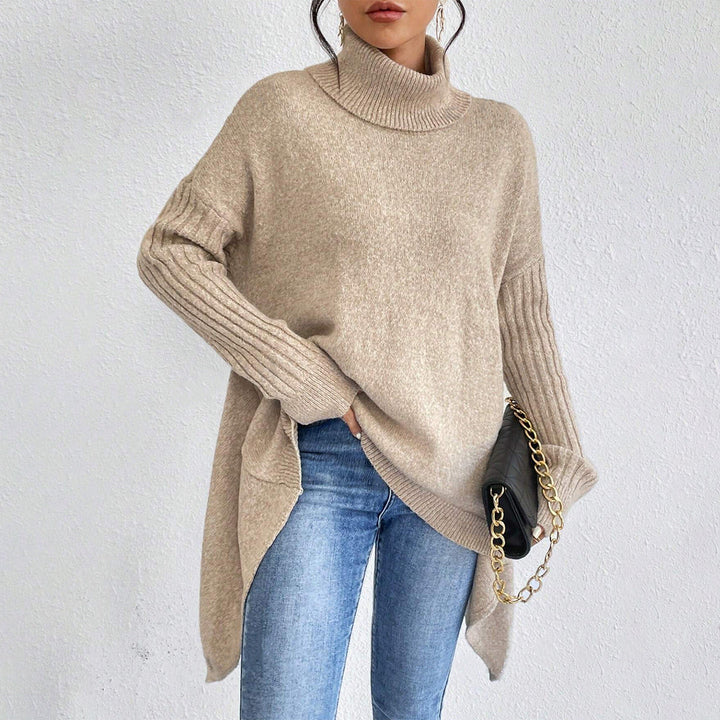 Pullover dolcevita donna a collo alto, stile oversize casual con maniche lunghe per l'autunno.