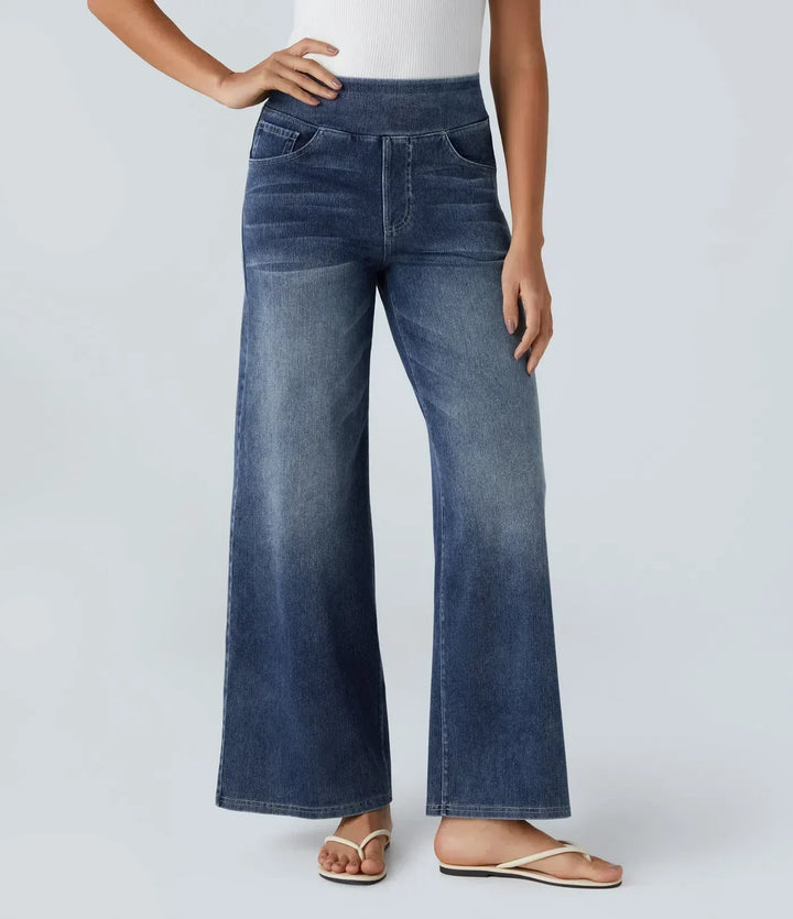 Pantaloni jeans donna blu chiaro, vita alta e elasticizzata, stile casual versatile.