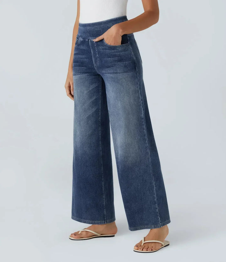 Pantaloni jeans donna vita alta elastici blu chiaro, moda casual e versatilità.