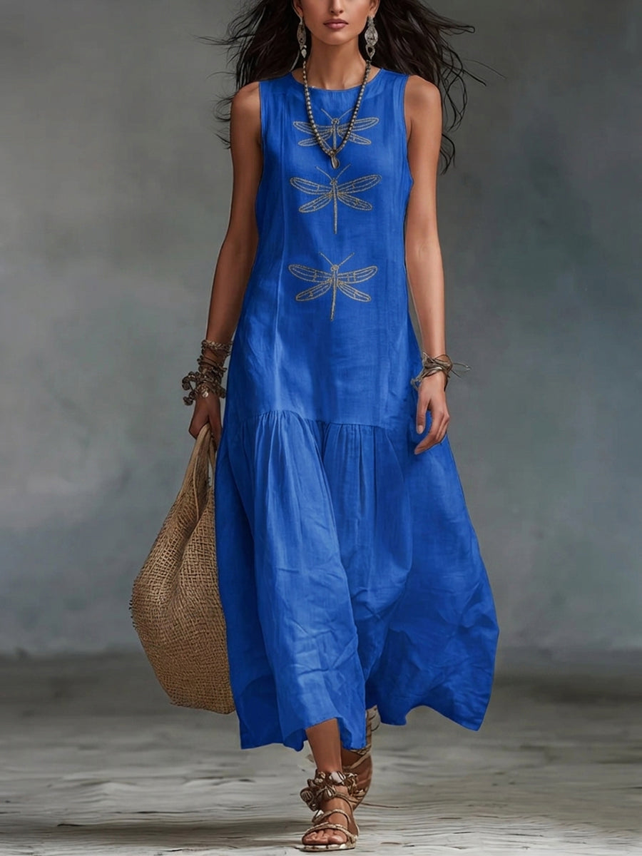 Abito lungo elegante in cotone e lino con ricami di libellule. Ideale per le serate estive.