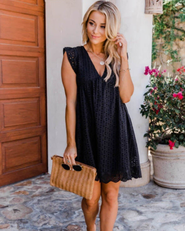 Abito midi donna elegante jacquard, scollo a V, senza maniche per primavera/estate.