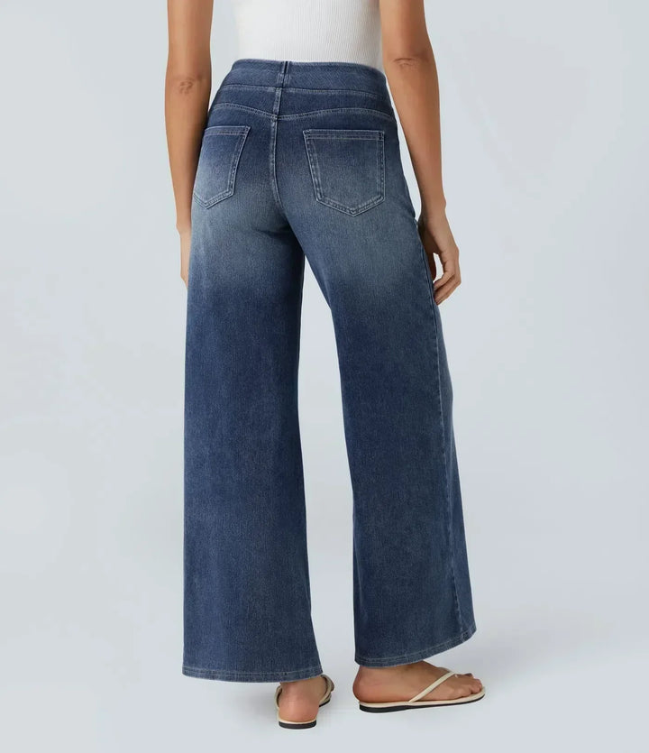Jeans donna blu scuro vita alta gamba dritta elasticizzati. Perfetti per una vestibilità comoda e casual.