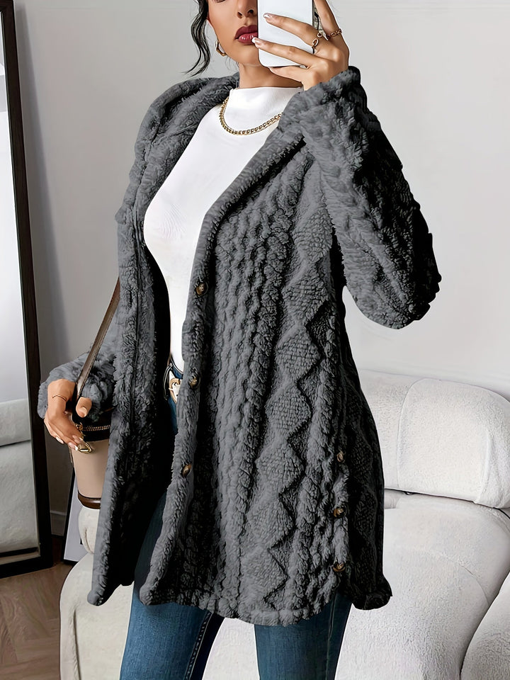 Cardigan donna con cappuccio, vestibilità morbida, capo essenziale moda autunno/primavera.