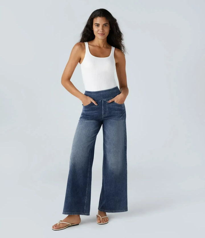 Jeans donna elasticizzati vita alta blu scuro, perfetti per taglie forti, comfort e moda.