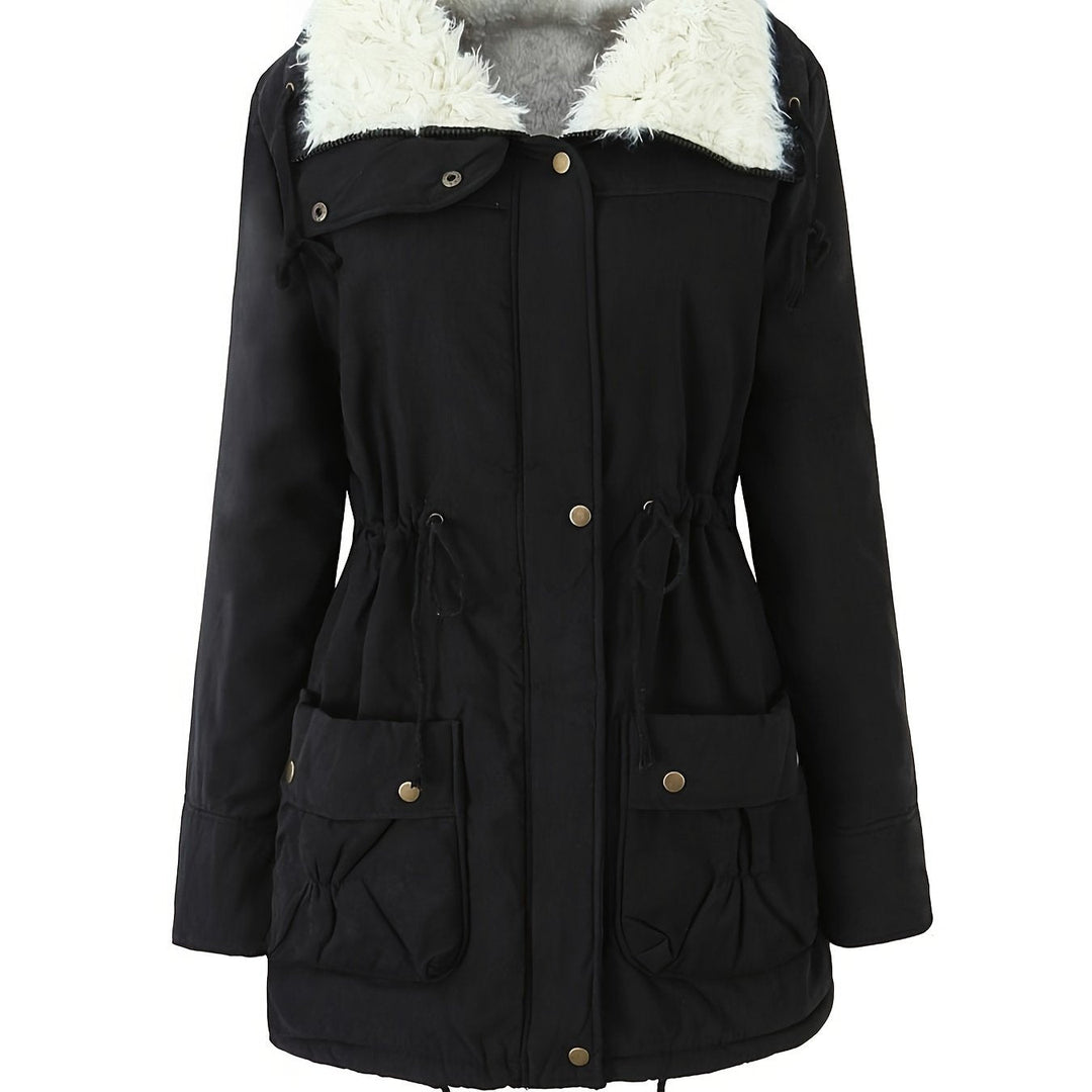 Parka lungo donna nero elegante, collo borg e vita regolabile. Perfetto per l'inverno casual.