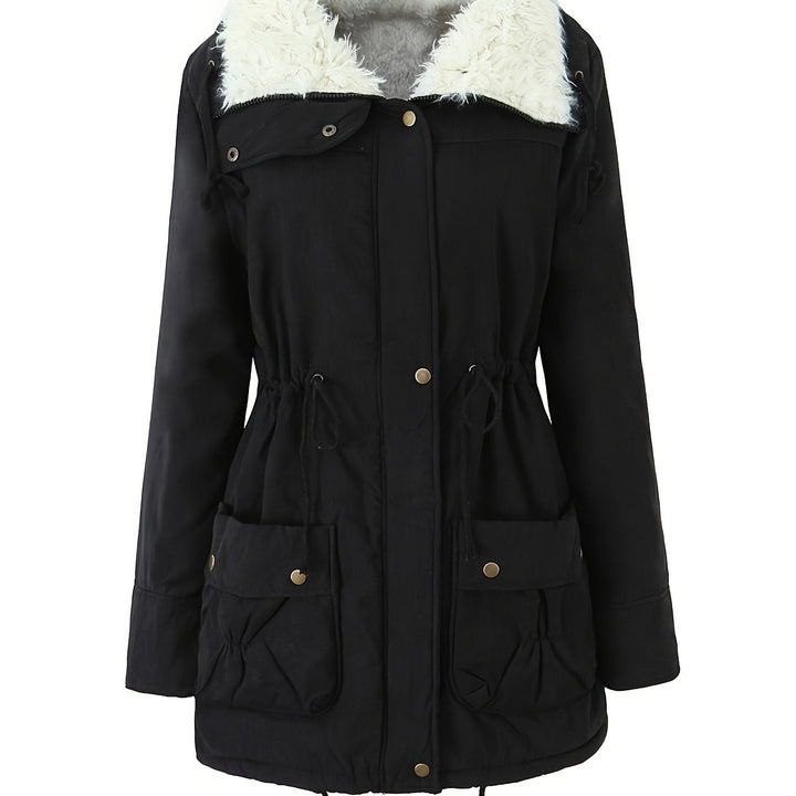 Parka lungo donna nero elegante, collo borg e vita regolabile. Perfetto per l'inverno casual.